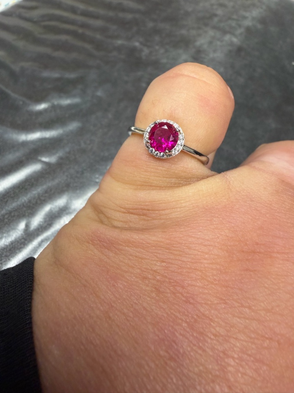 Silver Ring with Ruby Gem and Halo Accent